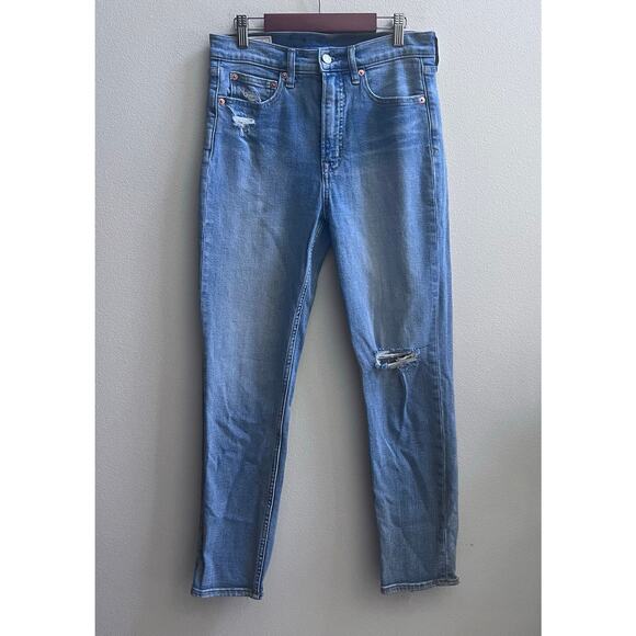 GAP Cigarette High Rise Stretchy Distressed Straight Leg Blue Jeans Womens 27/4R - Picture 1 of 6